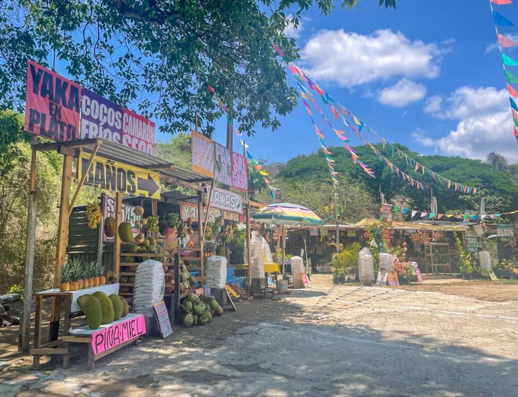local fruit markets in san pancho mexico with bright blue sky above them