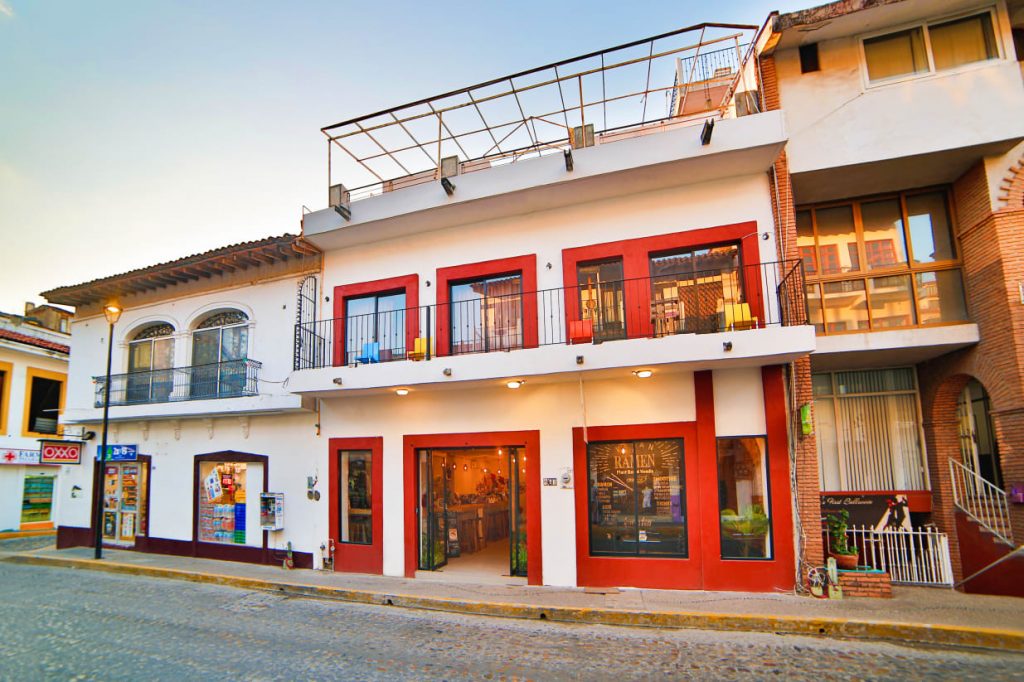 red and white painted hostel in puerto vallarta.
