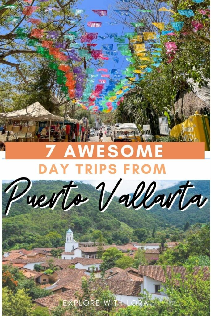 two images stacked town of sayulita and san sebastian del oeste with overlay text awesome day trips from puerto vallarta