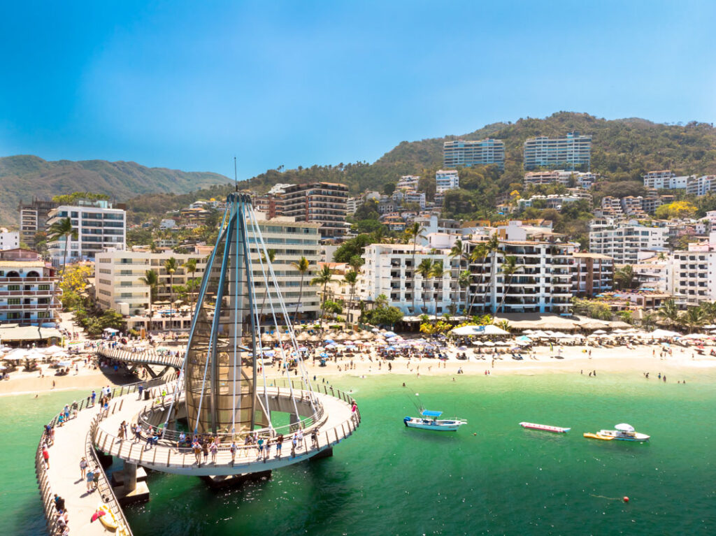 Aerial view of Malecon Playa los Muertos, Puerto Vallarta in a sunny and clear day.