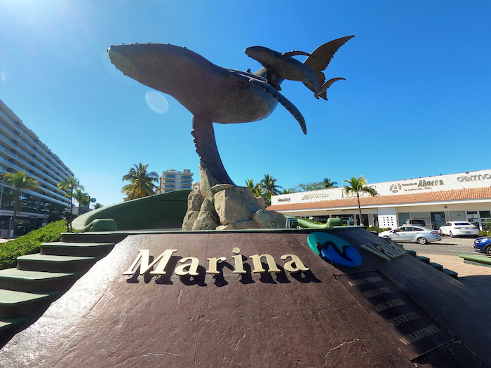 whale statue in the marina puerto vallarta