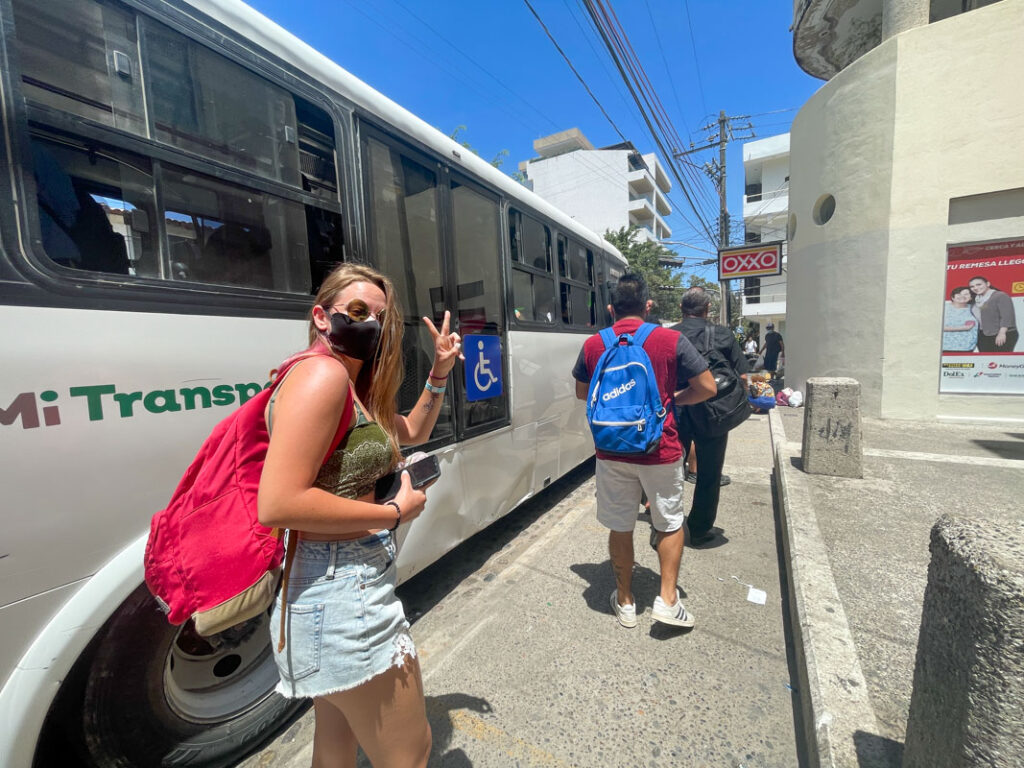 girl taking Bus in puerto vallarta