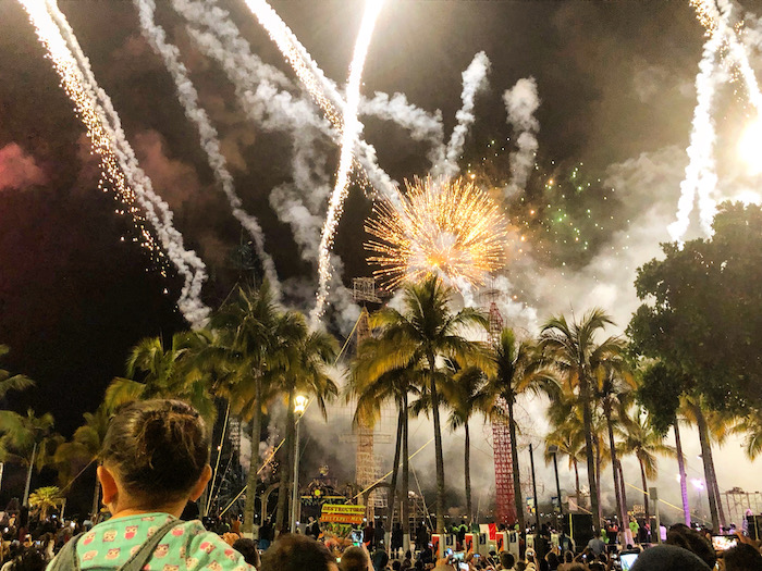 fireworks going off in a central square during Puerto Vallarta festivals