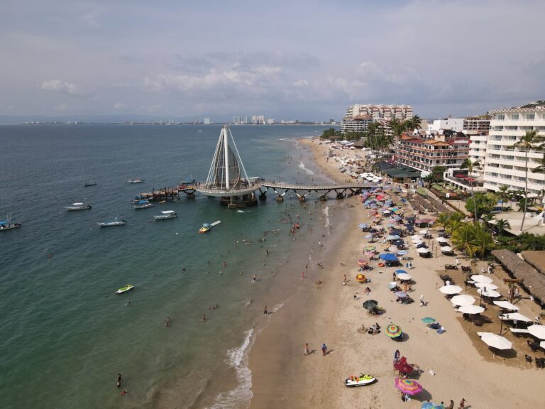 aerial view of Los Muertos Beach in puerto vallarta. half is ocean and half is sand. you can see the iconic pier and people hanging out on the beach.