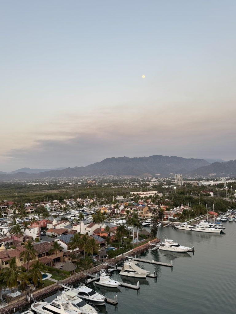 Aerial view of Marina Puerto Vallarta with docked boats, residential houses, palm trees, and mountains in the background under a clear sky with a visible moon.