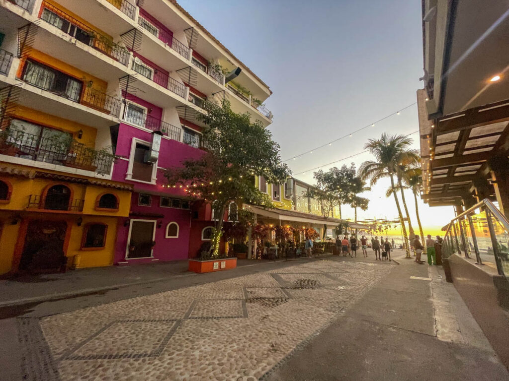 people walking downtown puerto vallarta with palm trees and lights